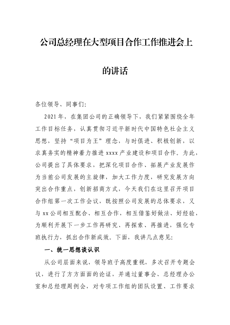 公司总经理在大型项目合作工作推进会上的讲话.docx,第1页预览