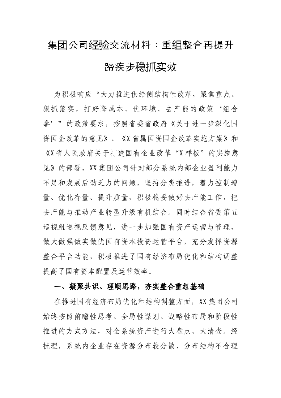 集团公司经验交流材料:重组整合再提升 蹄疾步稳抓实效.docx,第1页预览