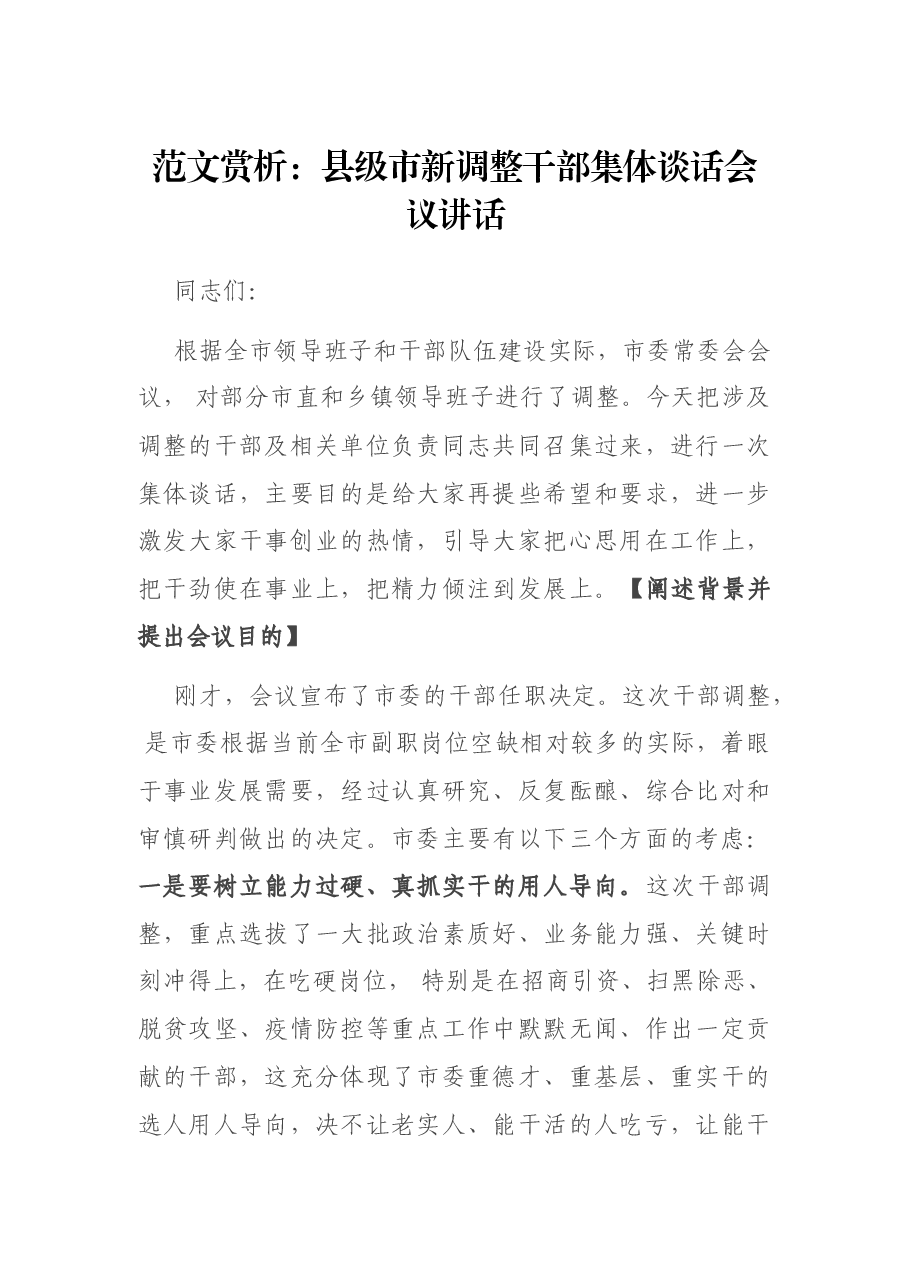 范文赏析：县级市新调整干部集体谈话会议讲话.docx，第1页预览