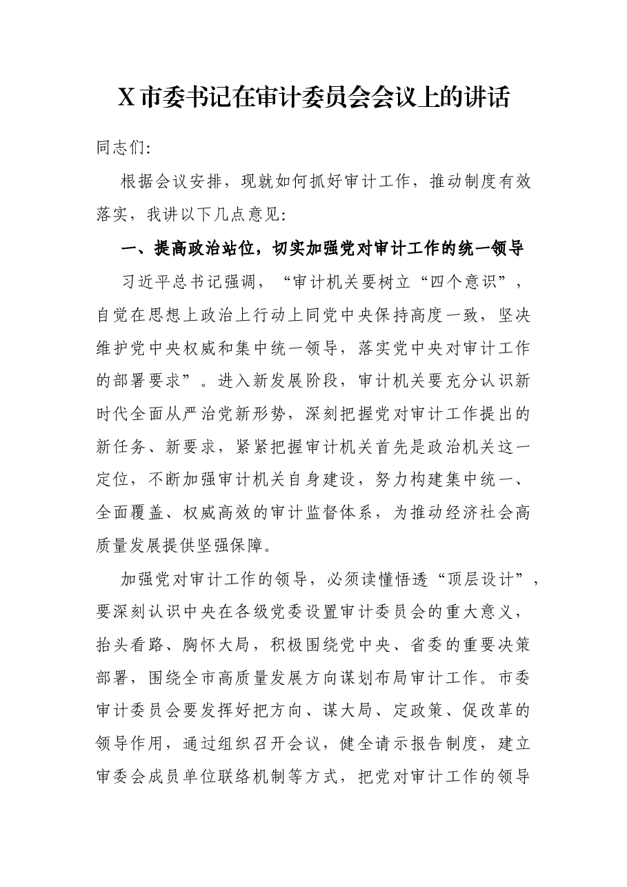 X市委书记在审计委员会会议上的讲话.docx,第1页预览