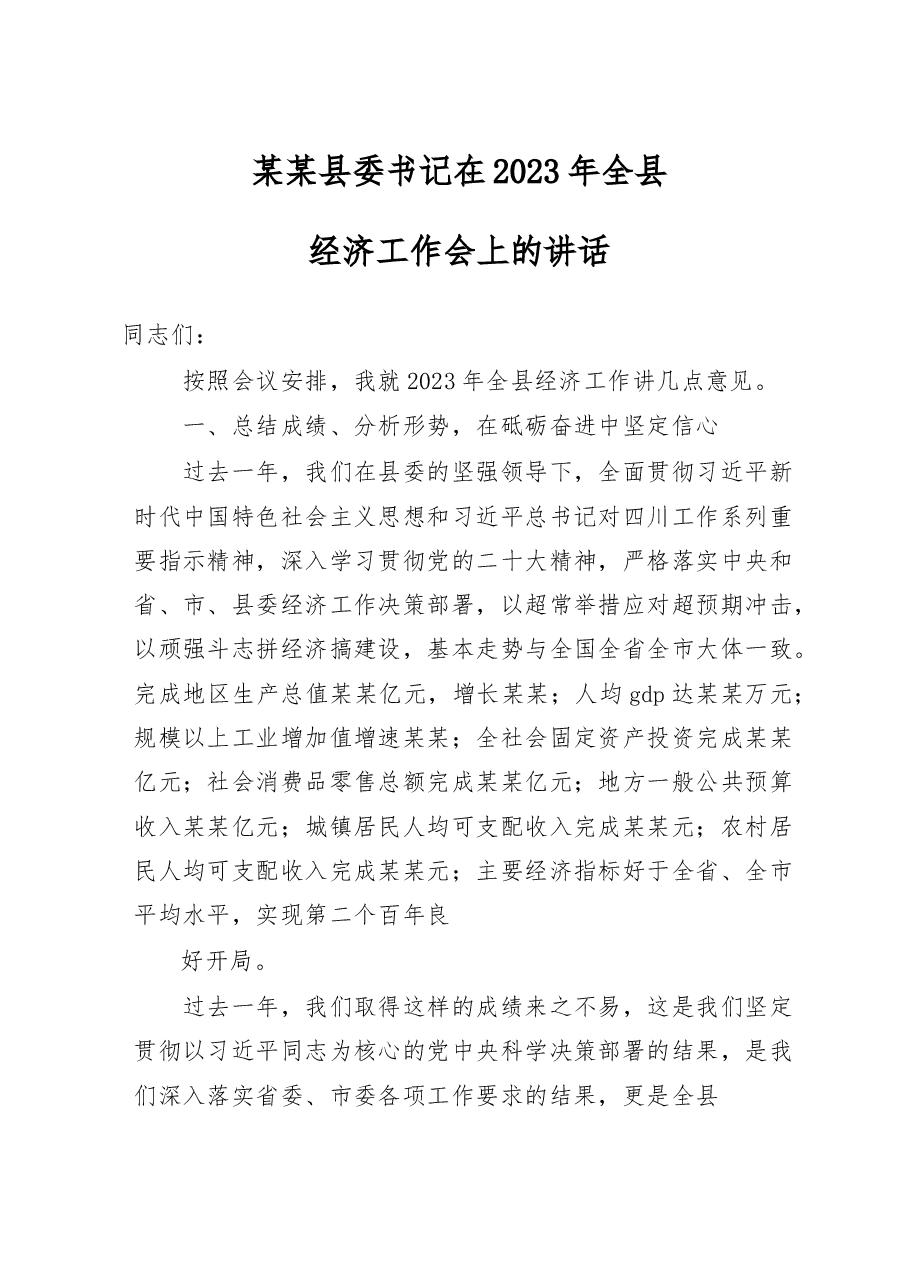 某某县委书记在2023年全县经济工作会上的讲话.docx,第1页预览