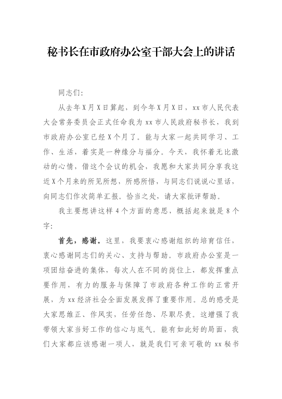 秘书长在市政府办公室干部大会上的讲话.docx,第1页预览