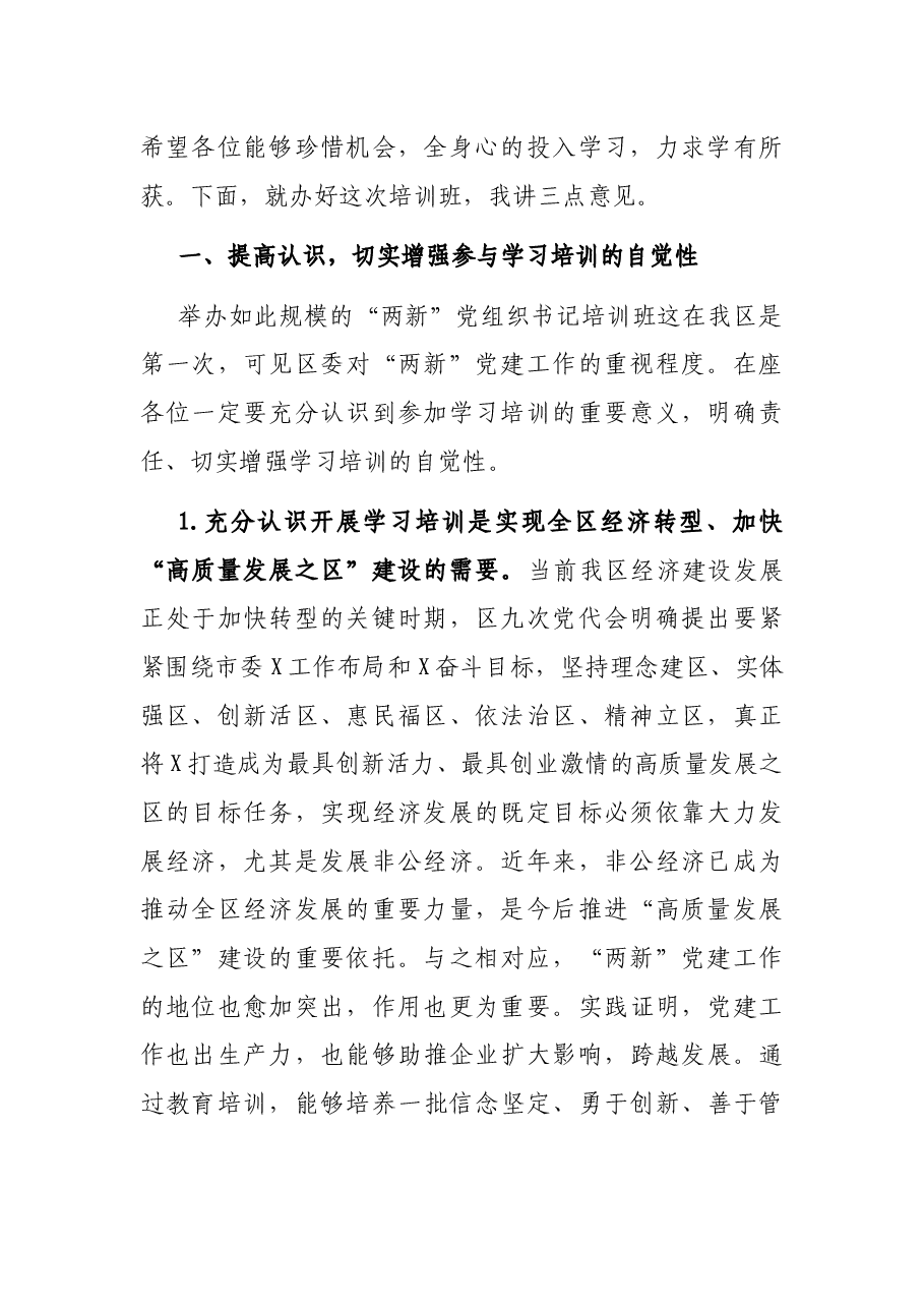 把握重点、狠抓落实,全面推进“两新”党建工作再上新台阶——组织部长在全区“两新”党组织书记培训班上的讲话.docx,第2页预览