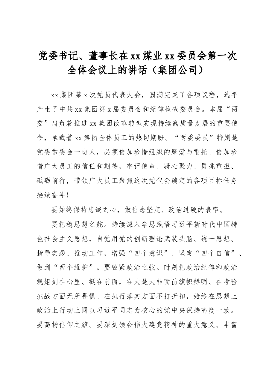 党委书记、董事长在xx煤业xx委员会第一次全体会议上的讲话(集团公司).docx,第1页预览