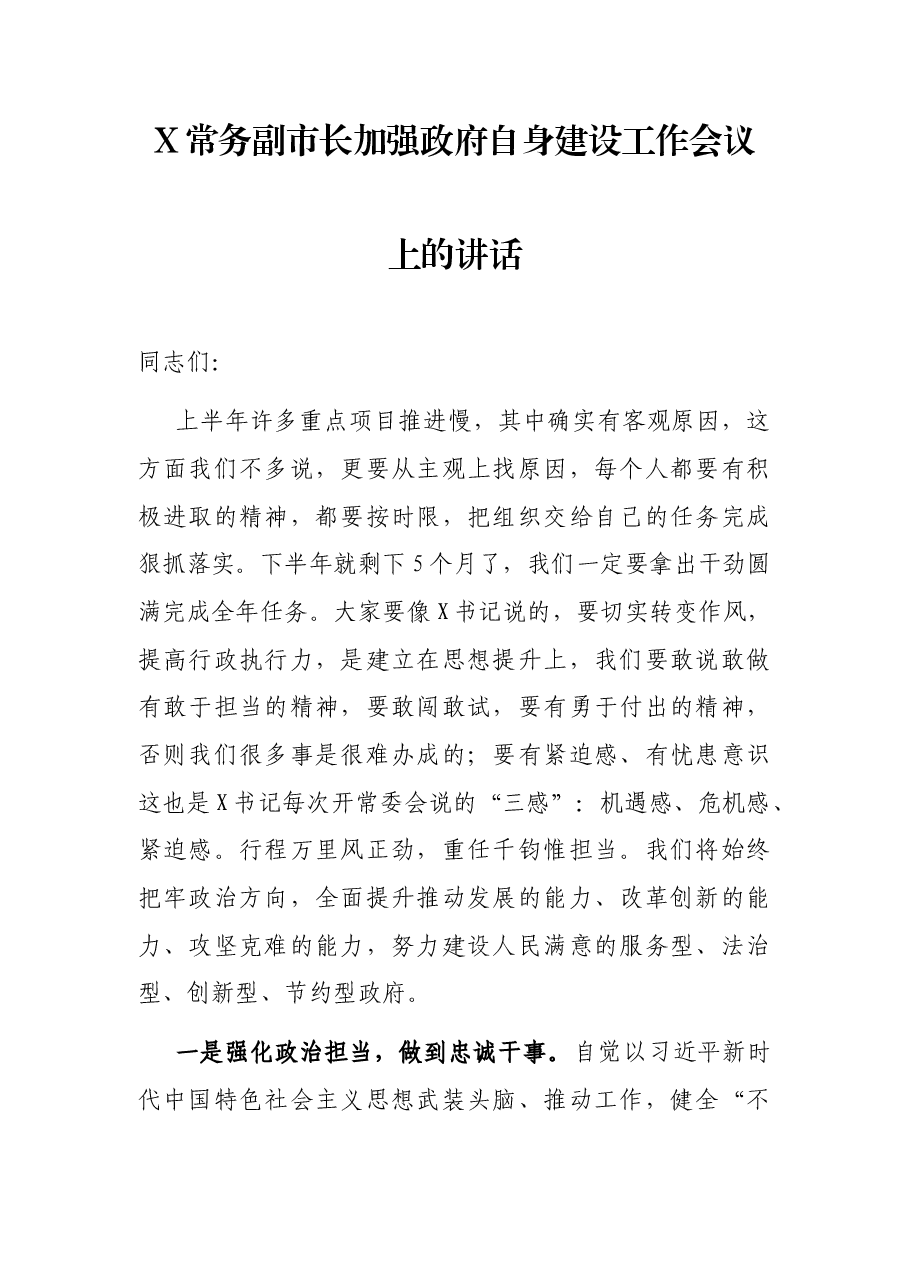 X常务副市长加强政府自身建设工作会议上的讲话.docx,第1页预览