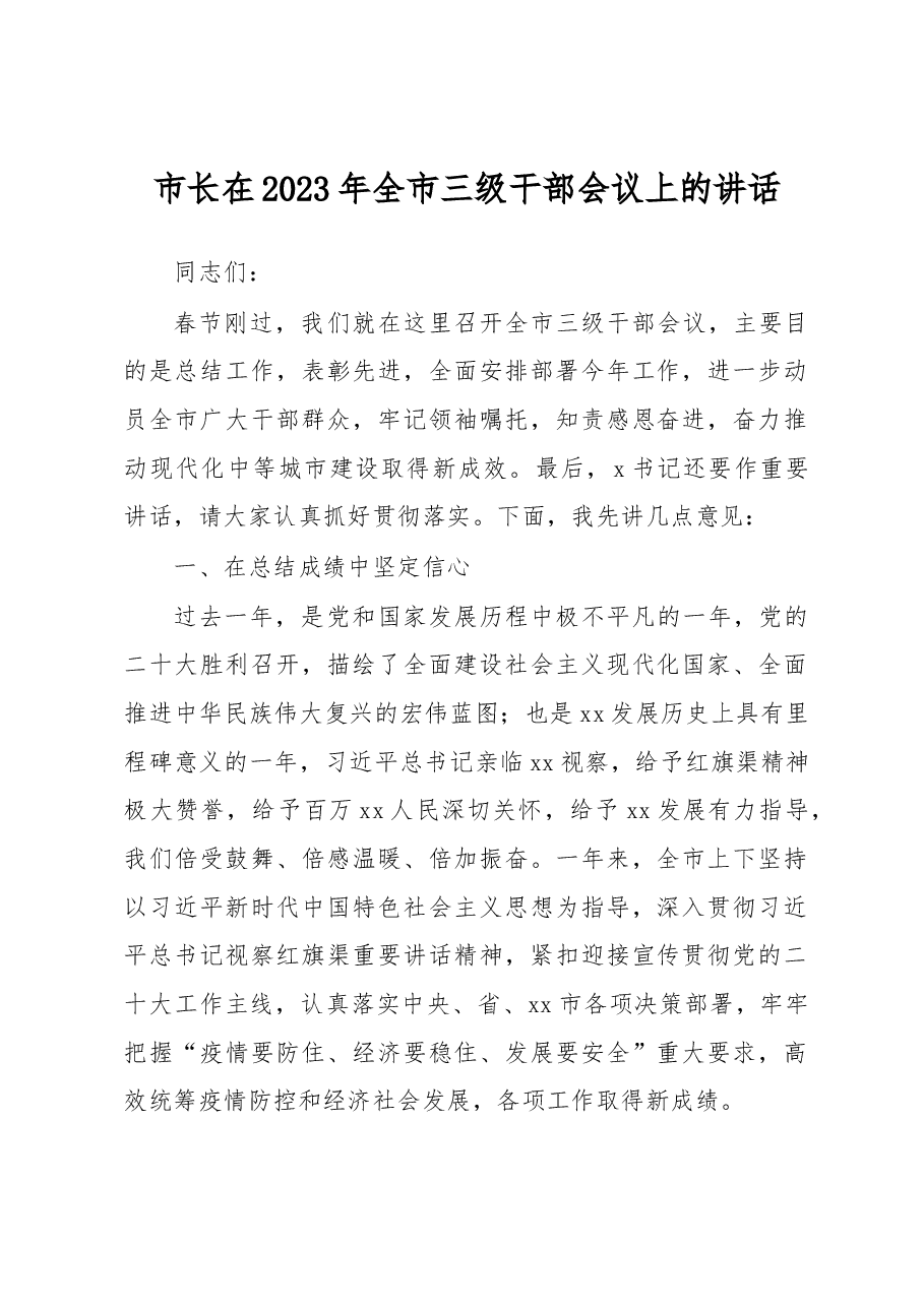 市长在2023年全市三级干部会议上的讲话.docx,第1页预览