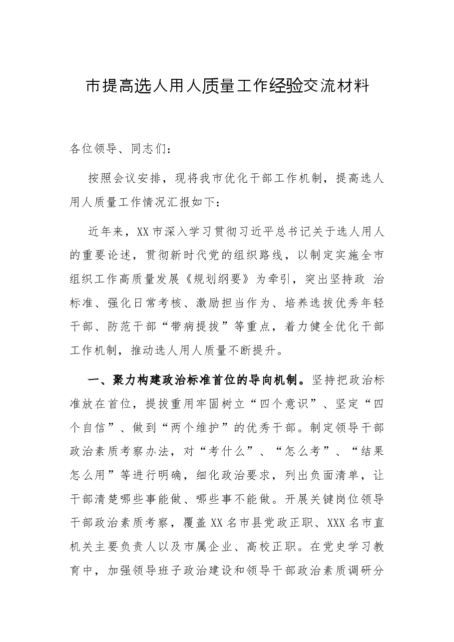 市提高选人用人质量工作经验交流材料.docx，第1页预览