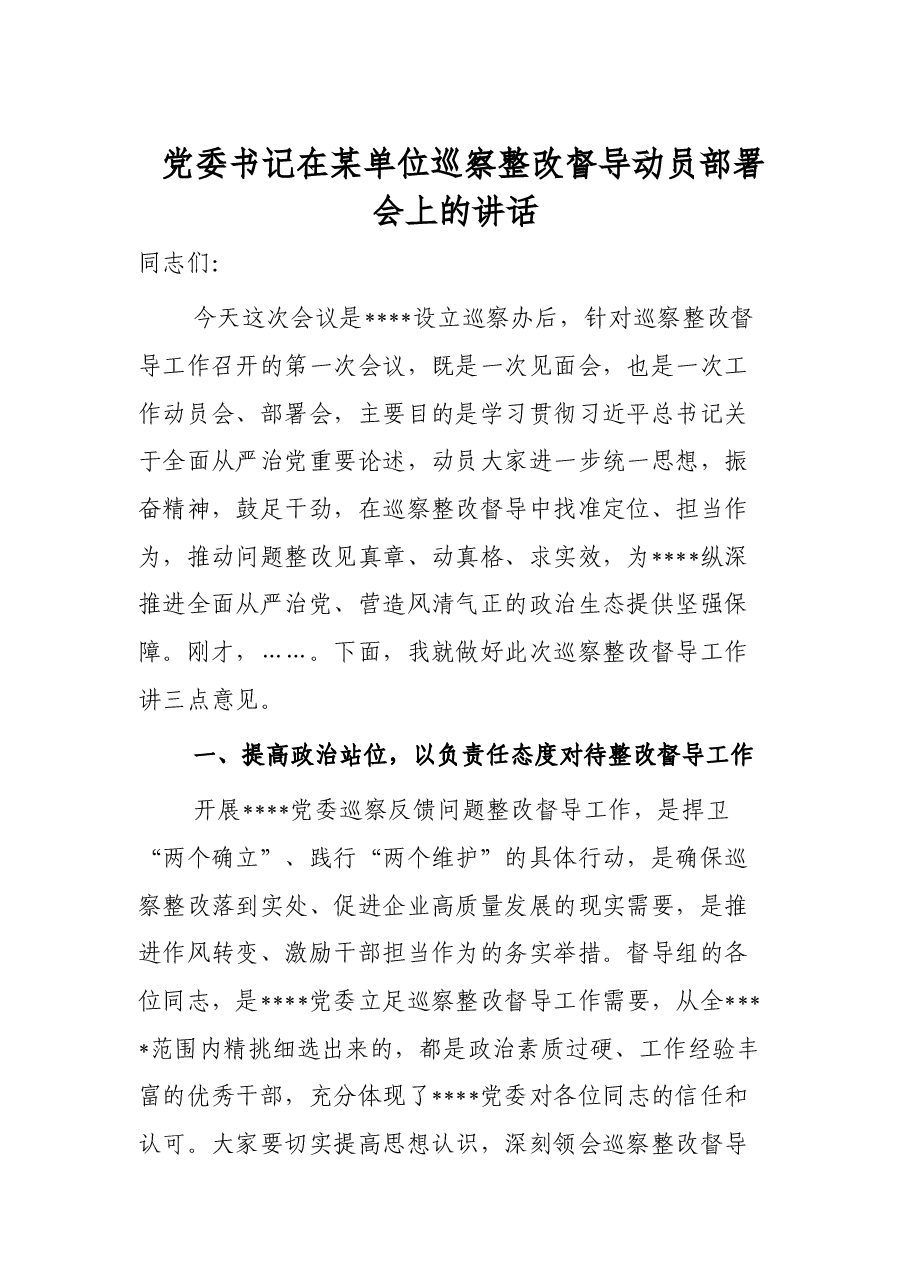 党委书记在某单位巡察整改督导动员部署会上的讲话.docx,第1页预览