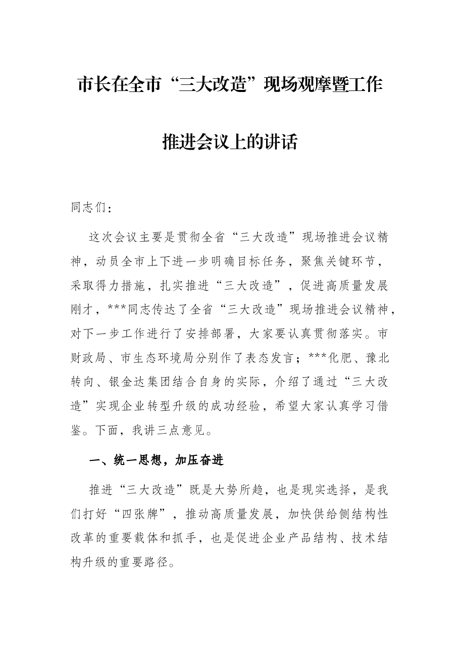 市长在全市“三大改造”现场观摩暨工作推进会议上的讲话.docx,第1页预览