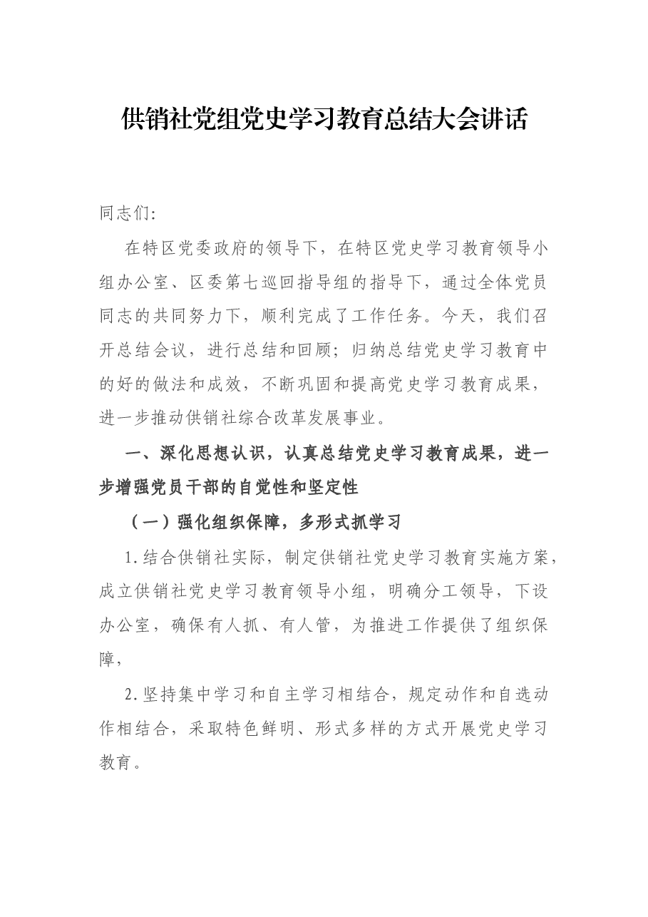 供销社党组党史学习教育总结大会讲话.docx,第1页预览