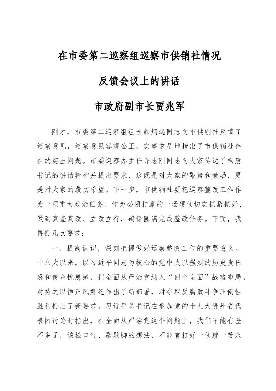 XX市副市长在市委第二巡察组巡察市供销社情况反馈会议上的讲话.doc,第1页预览