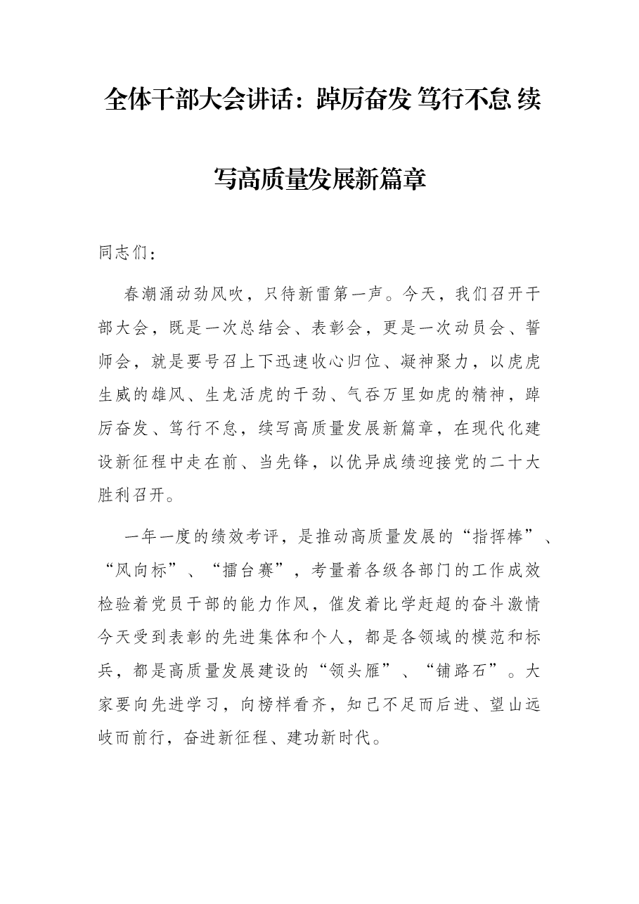 全体干部大会讲话:踔厉奋发 笃行不怠 续写高质量发展新篇章.docx,第1页预览