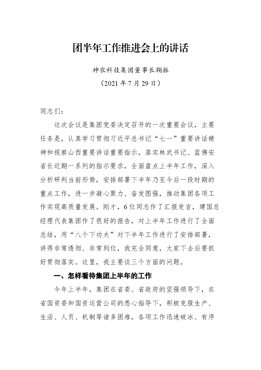 董事长在神农科技集团半年工作推进会上的讲话.docx，第1页预览