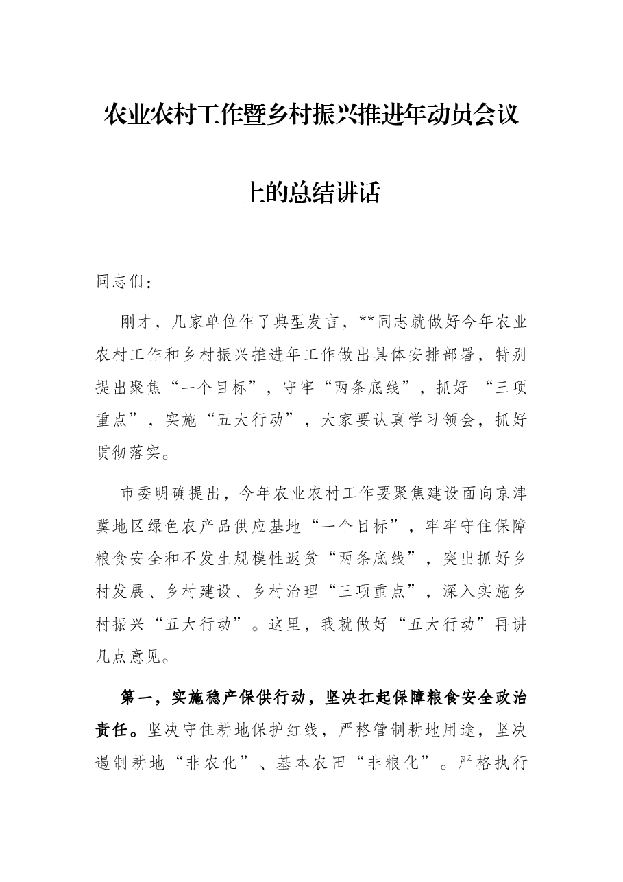 农业农村工作暨乡村振兴推进年动员会议上的总结讲话.docx,第1页预览