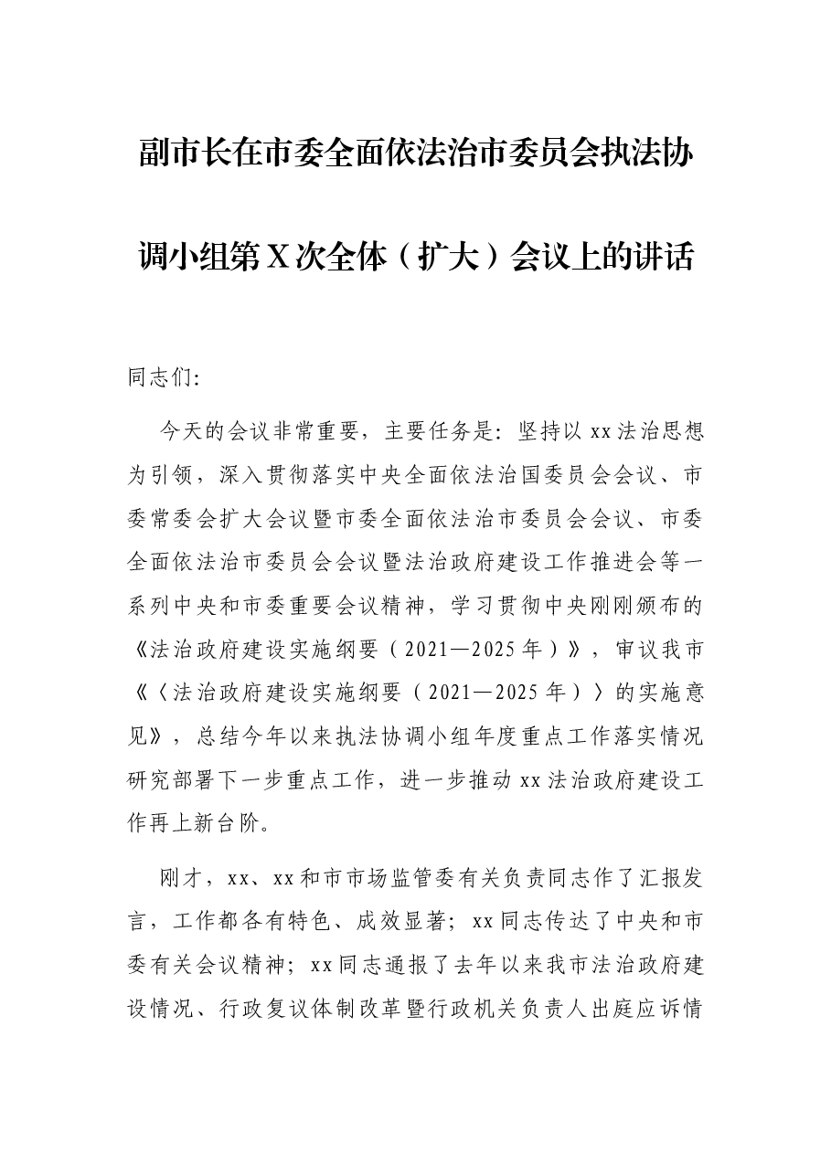 副市长在市委全面依法治市委员会执法协调小组第X次全体(扩大)会议上的讲话.docx,第1页预览