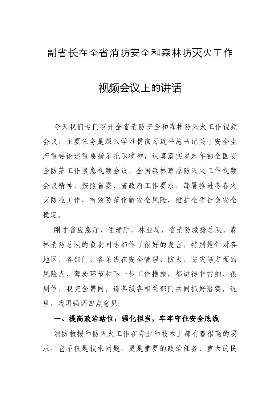 副省长在全省消防安全和森林防灭火工作视频会议上的讲话.docx,第1页预览