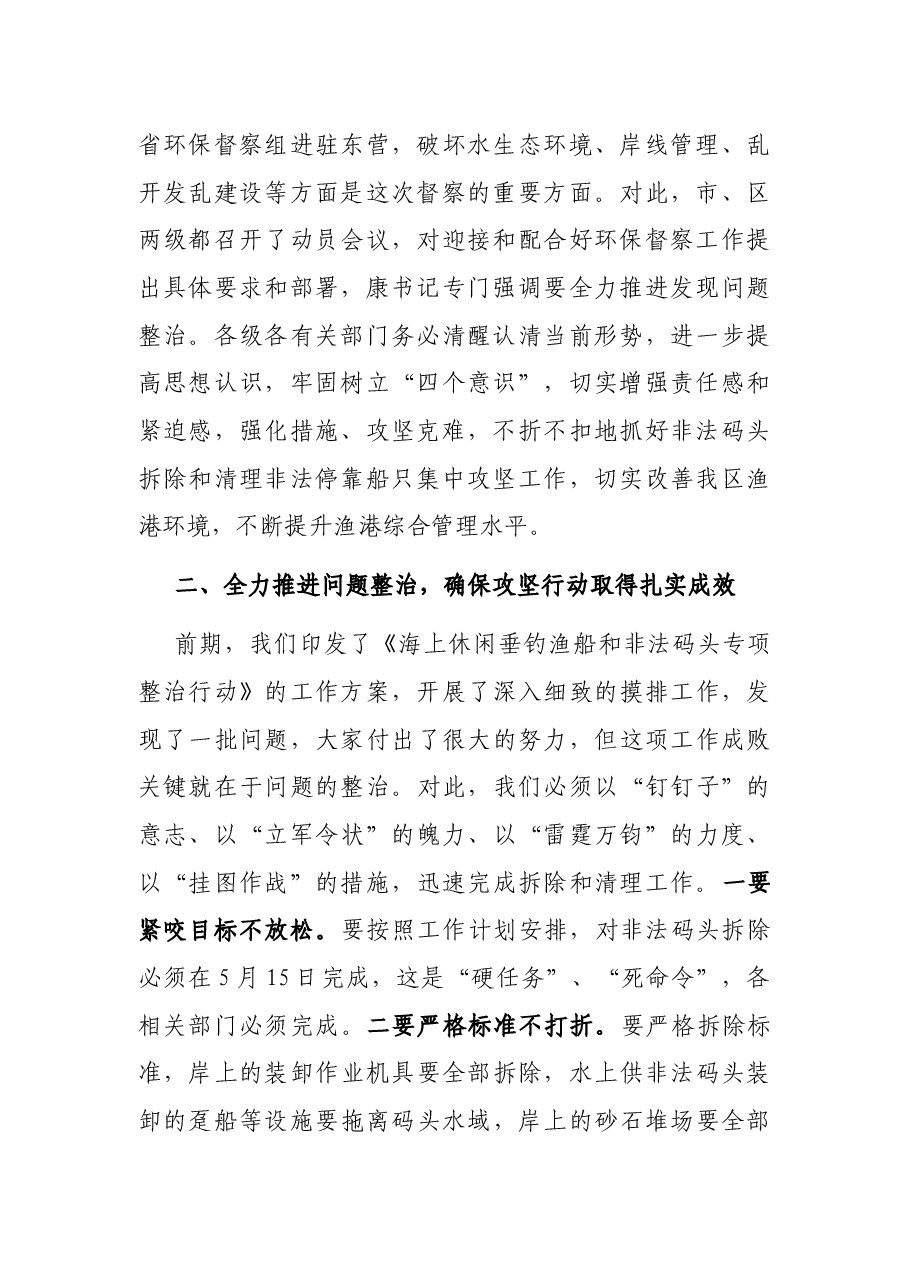 关于拆除非法码头、清理非法停靠船只现场集中攻坚专题会议的讲话.docx,第2页预览