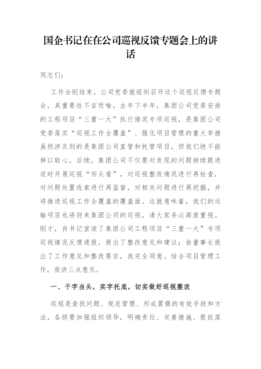 国企书记在在公司巡视反馈专题会上的讲话.docx,第1页预览