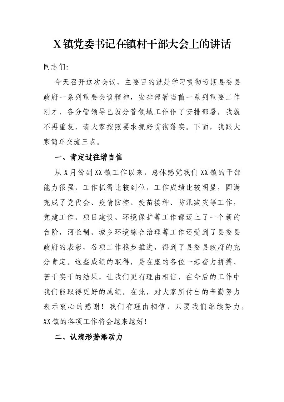 X镇党委书记在镇村干部大会上的讲话.docx,第1页预览