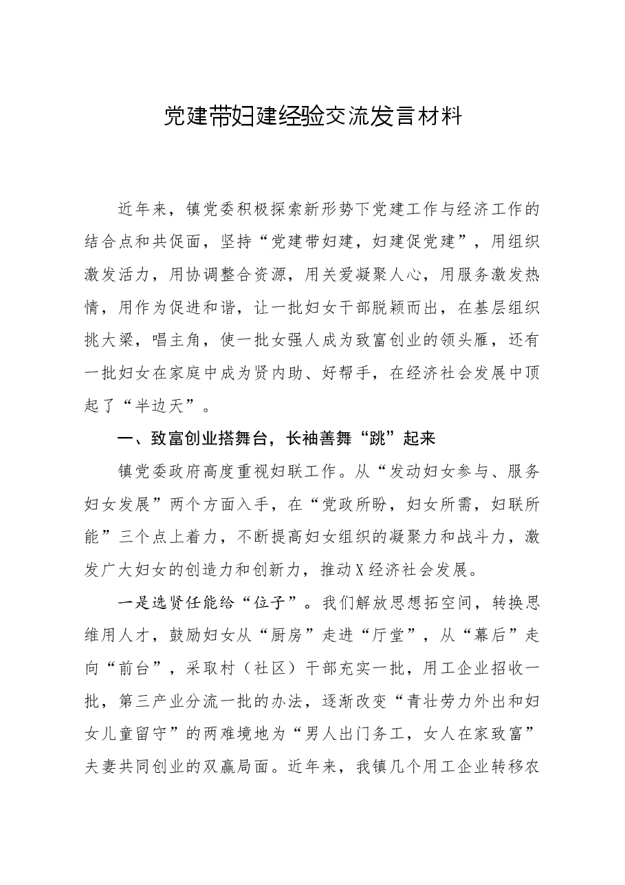 党建带妇建经验交流发言材料.docx,第1页预览