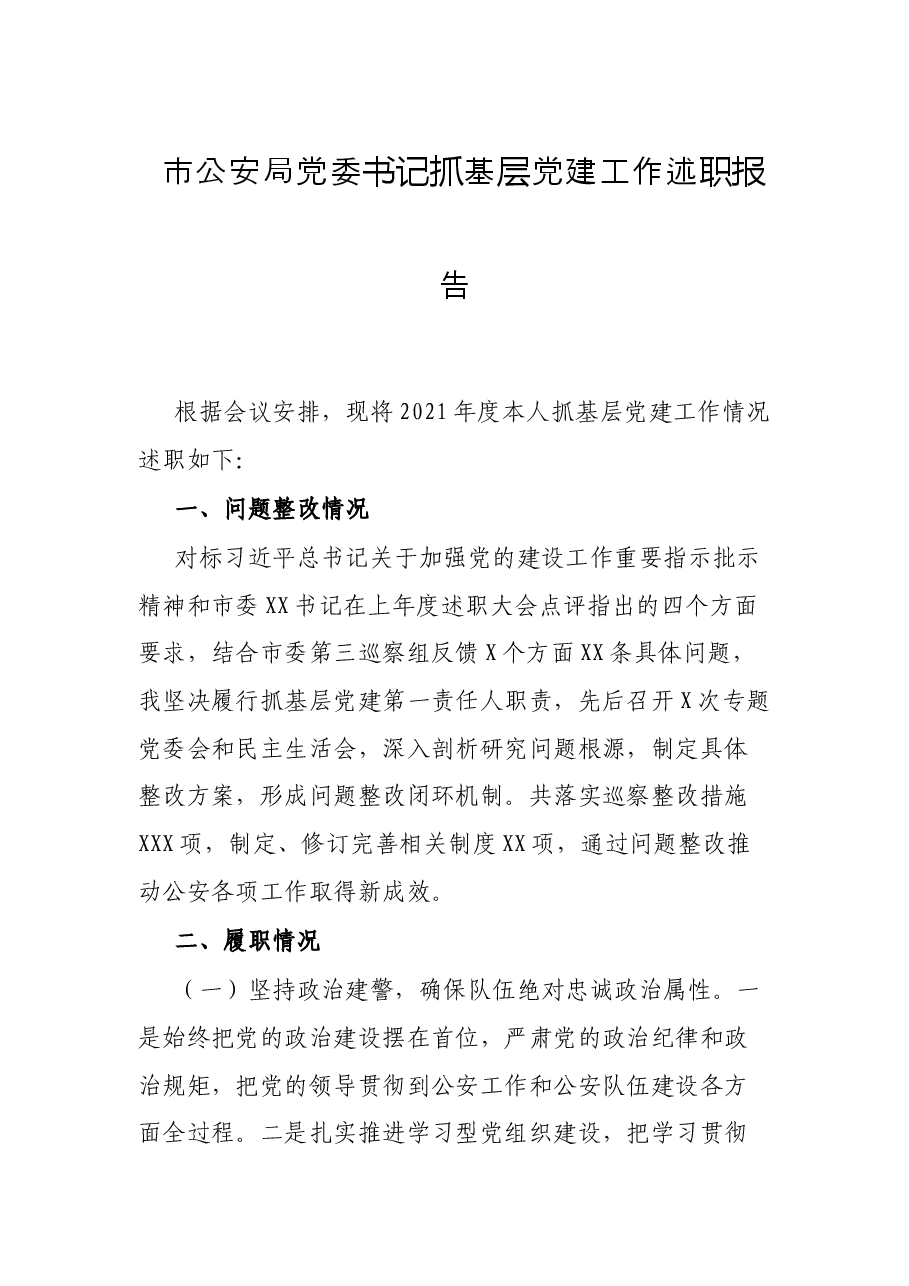 市公安局党委书记抓基层党建工作述职报告.docx，第1页预览