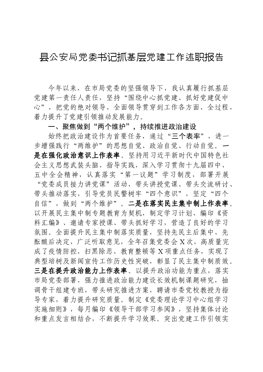 县公安局党委书记抓基层党建工作述职报告.docx,第1页预览