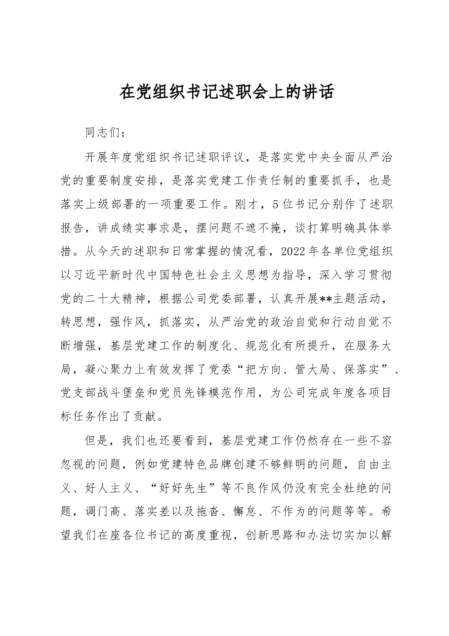 在党组织书记述职会上的讲话.docx,第1页预览