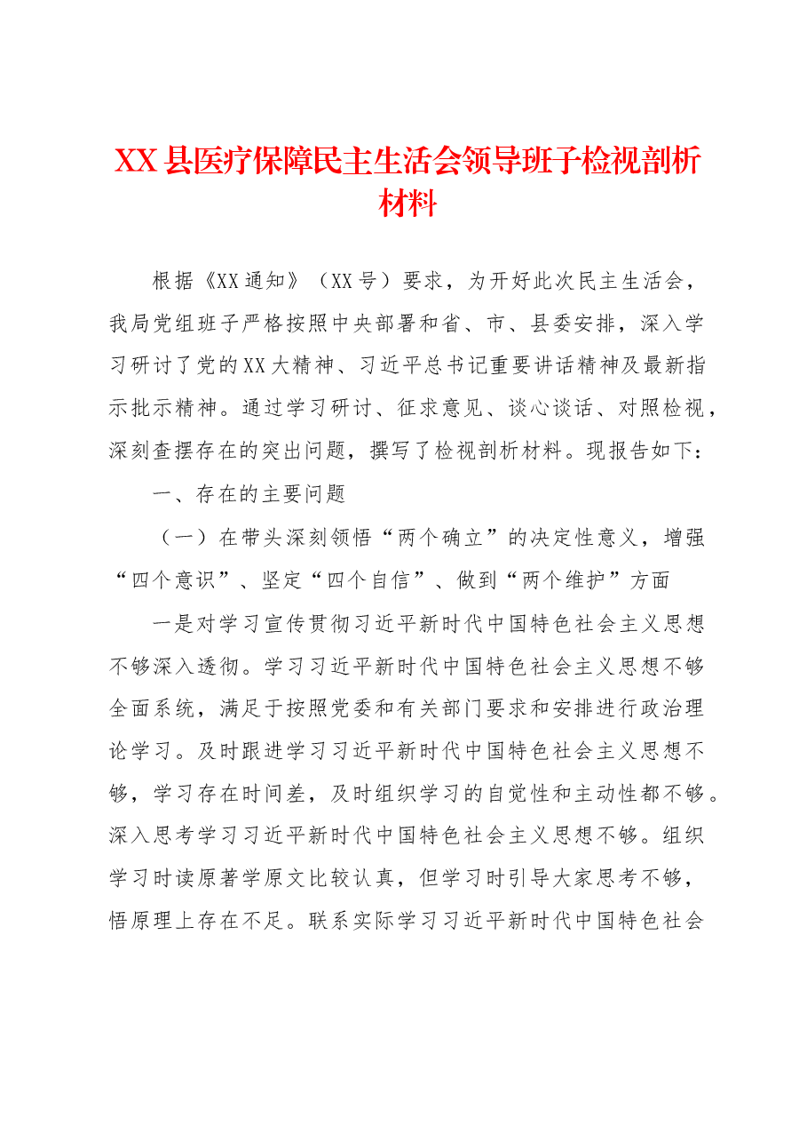 XX县医疗保障民主生活会领导班子检视剖析材料.docx,第1页预览
