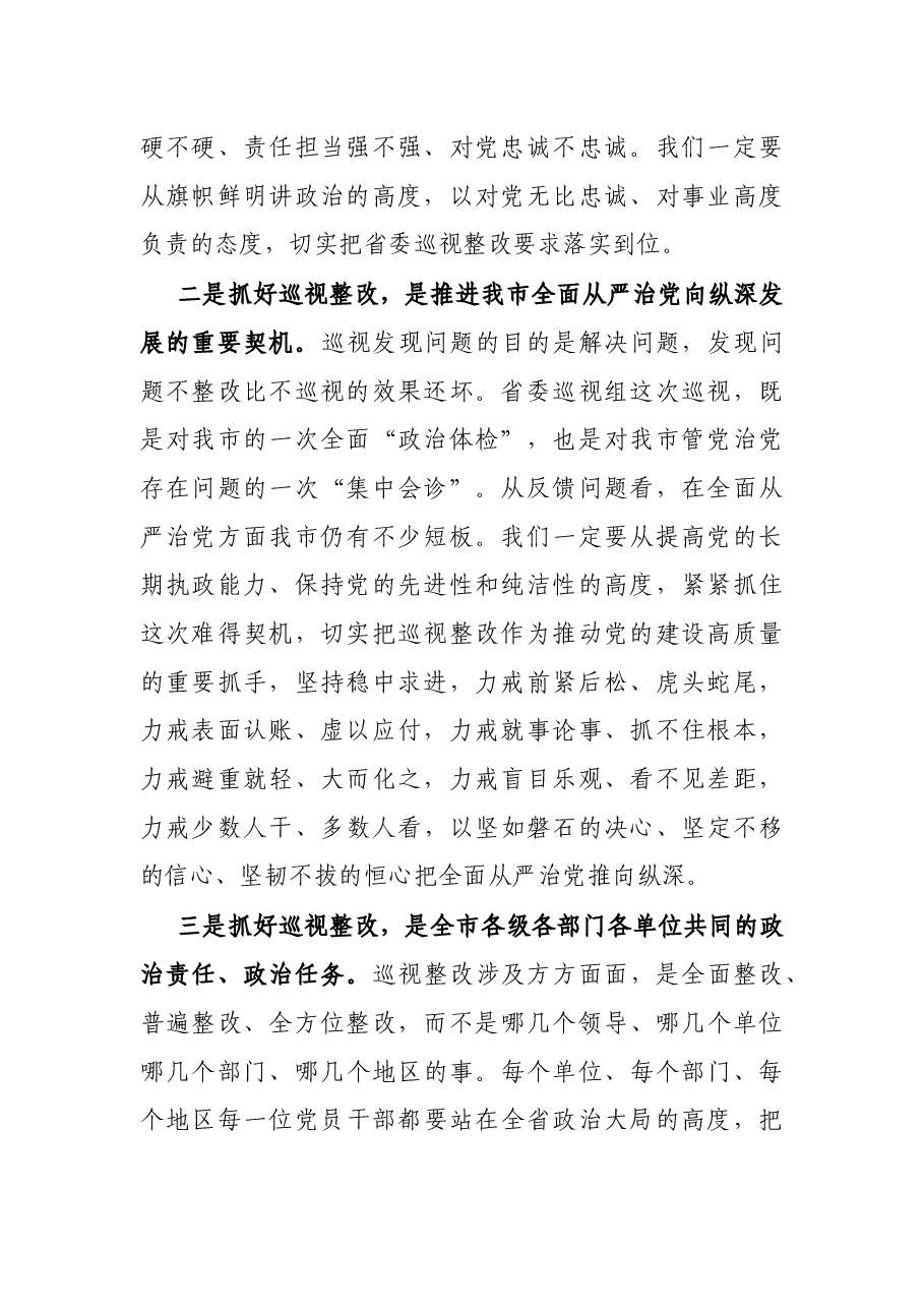 在全市推进省委巡视整改工作动员会议上的讲话.docx,第2页预览