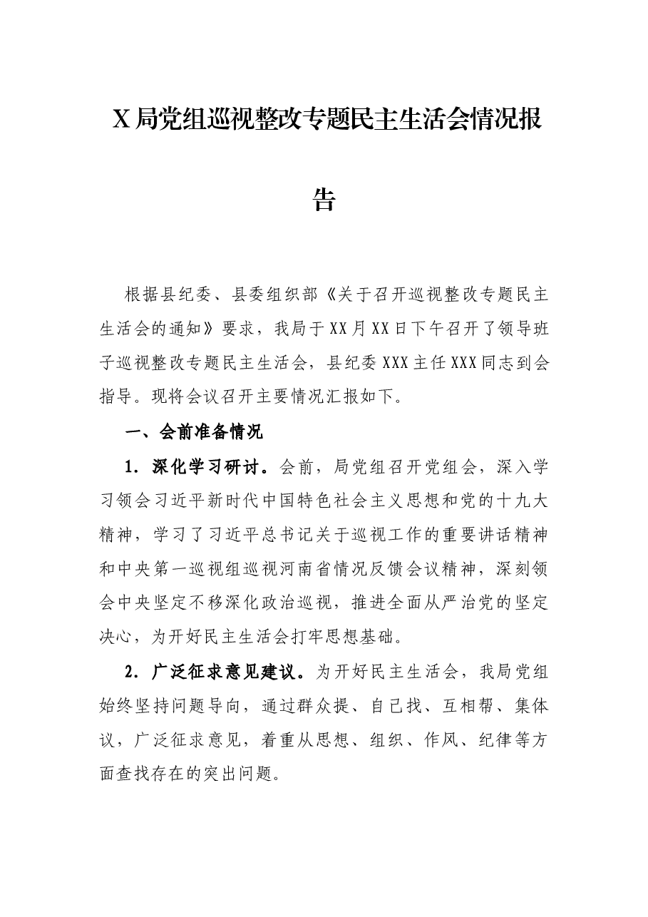 X局党组巡视整改专题民主生活会情况报告.docx,第1页预览