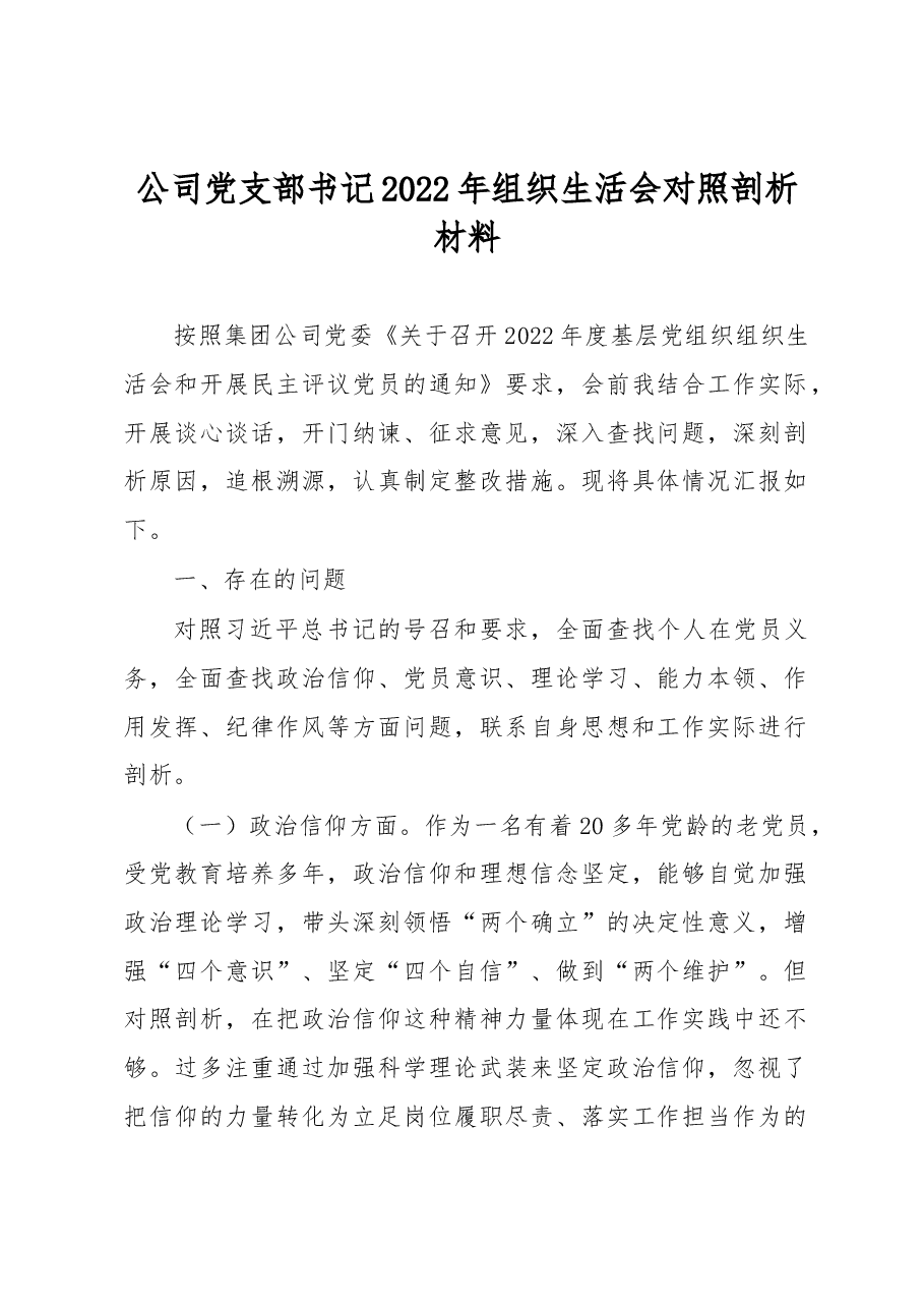公司党支部书记2022年组织生活会对照剖析材料.docx，第1页预览