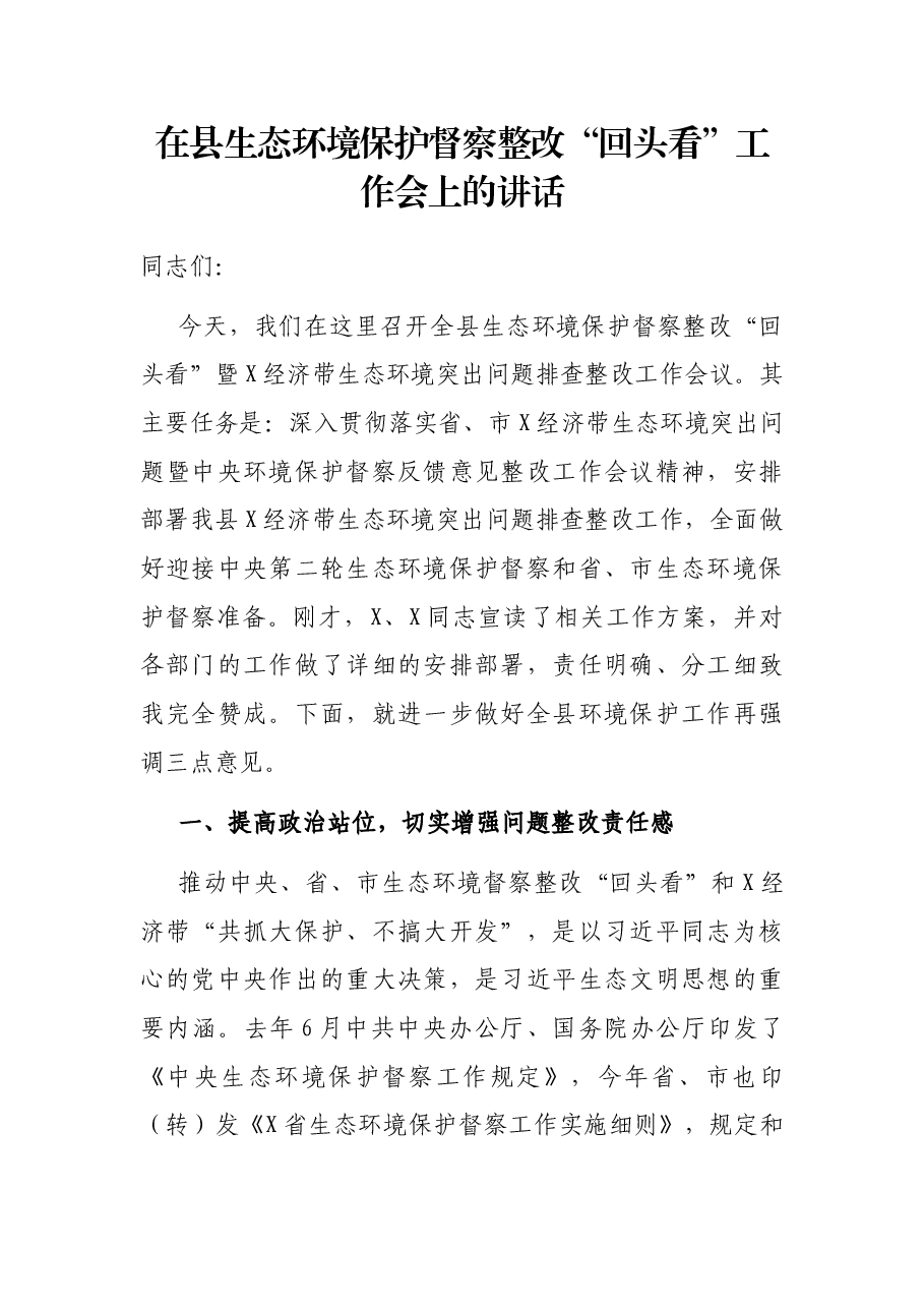 在县生态环境保护督察整改“回头看”工作会上的讲话.docx,第1页预览