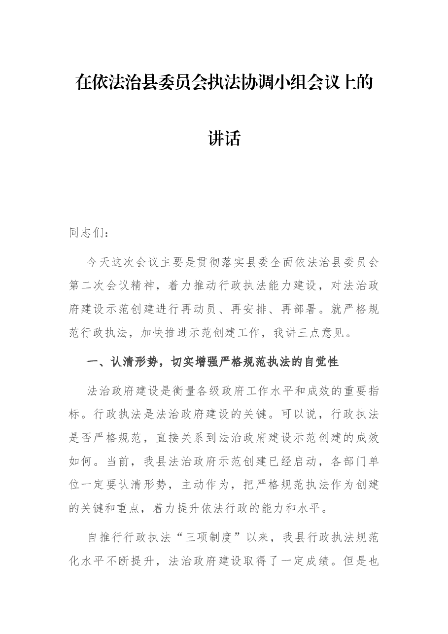在依法治县委员会执法协调小组会议上的讲话.docx,第1页预览