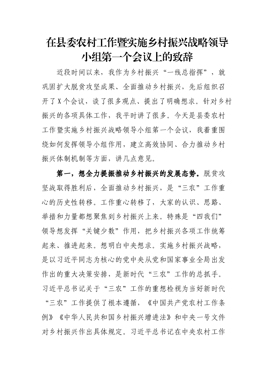 在县委农村工作暨实施乡村振兴战略领导小组第一个会议上的致辞.docx,第1页预览