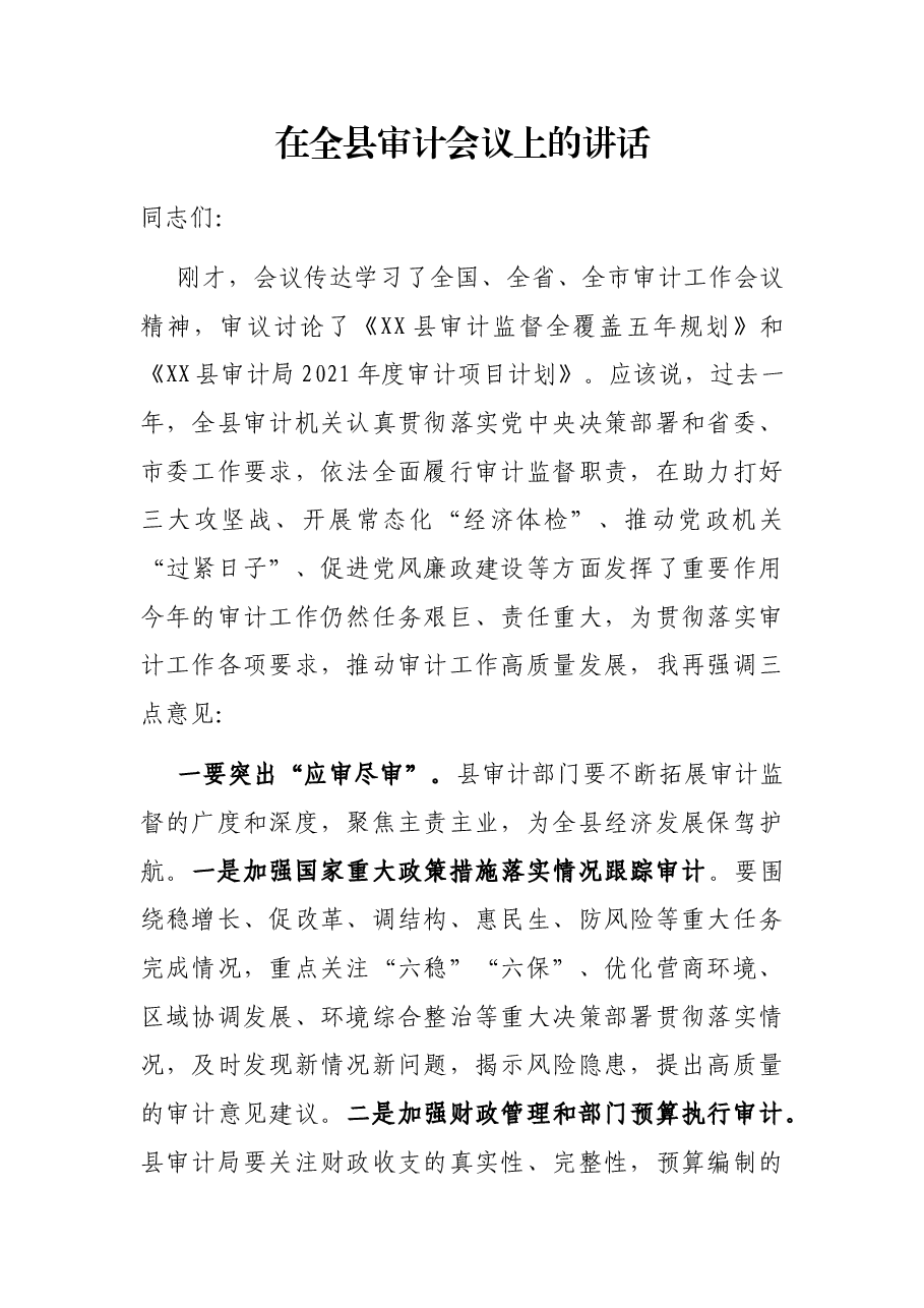 在全县审计会议上的讲话.docx,第1页预览