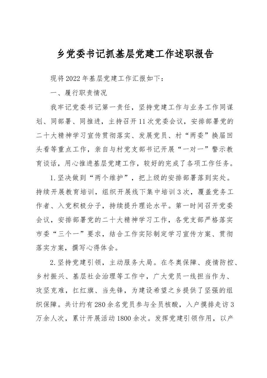 乡党委书记抓基层党建工作述职报告.docx,第1页预览