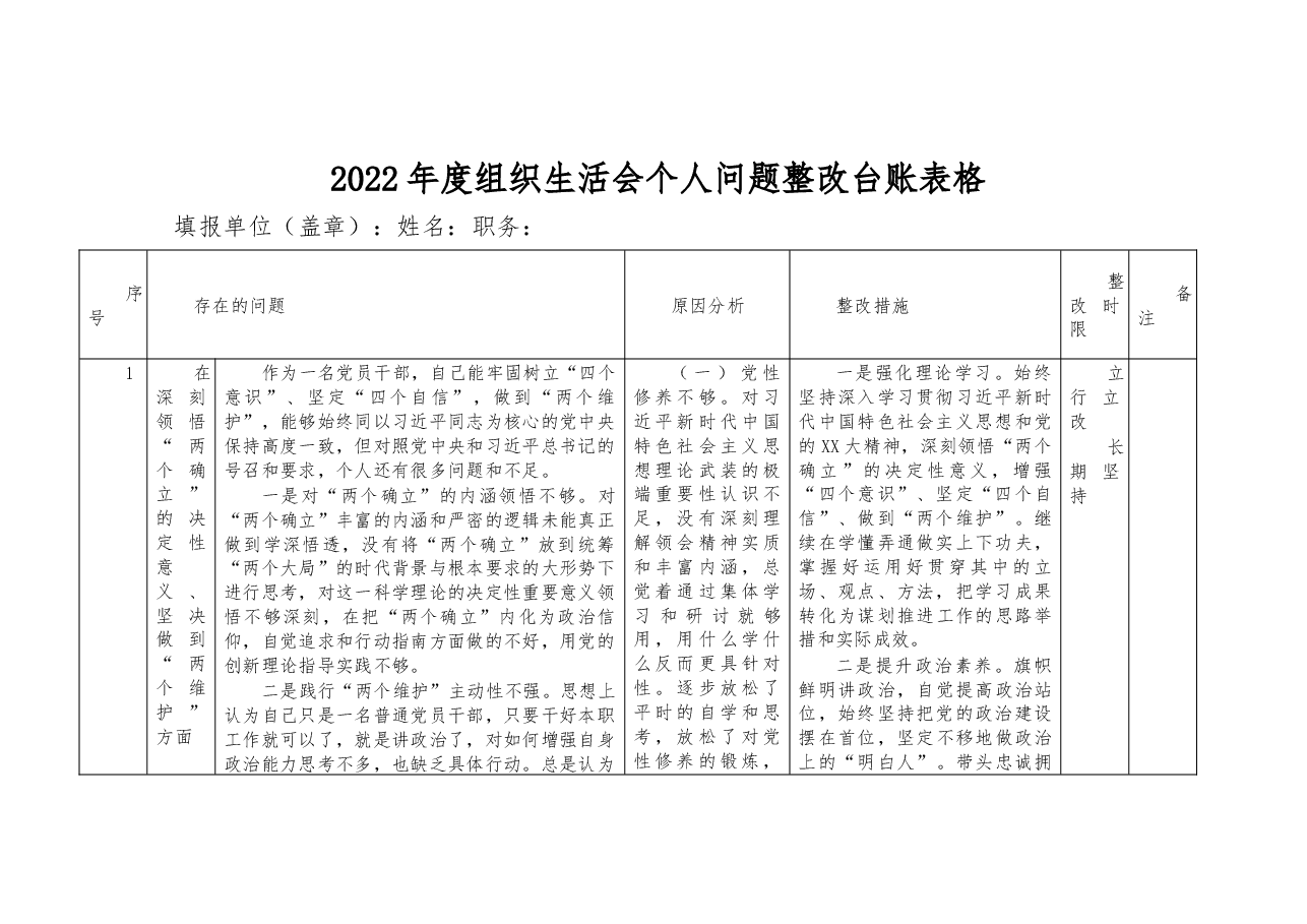 2022年度组织生活会个人问题整改台账表格.docx,第1页预览