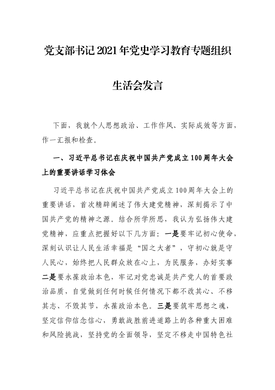 党支部书记2021年党史学习教育专题组织生活会发言.docx，第1页预览