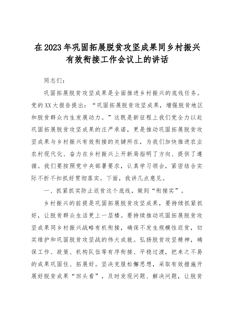 在2023年巩固拓展脱贫攻坚成果同乡村振兴有效衔接工作会议上的讲话.docx,第1页预览