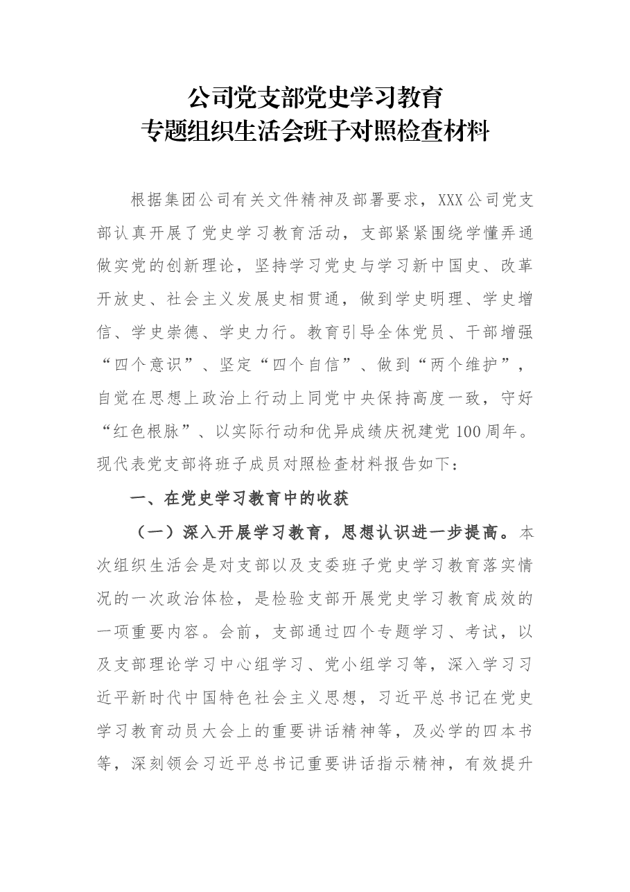 公司党支部党史学习教育专题组织生活会班子对照检查材料.docx，第1页预览