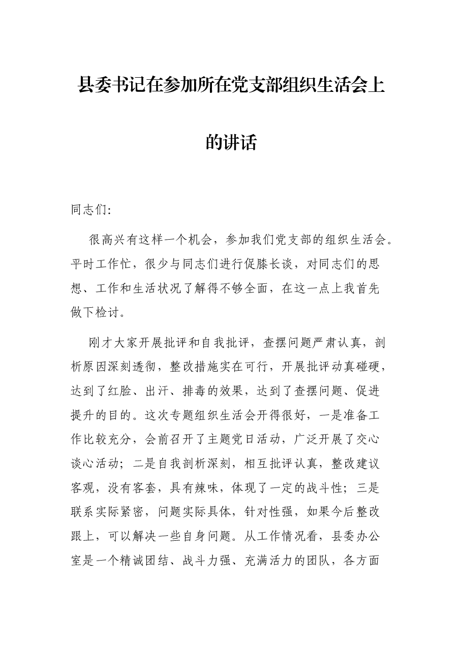 县委书记在参加所在党支部组织生活会上的讲话.docx,第1页预览