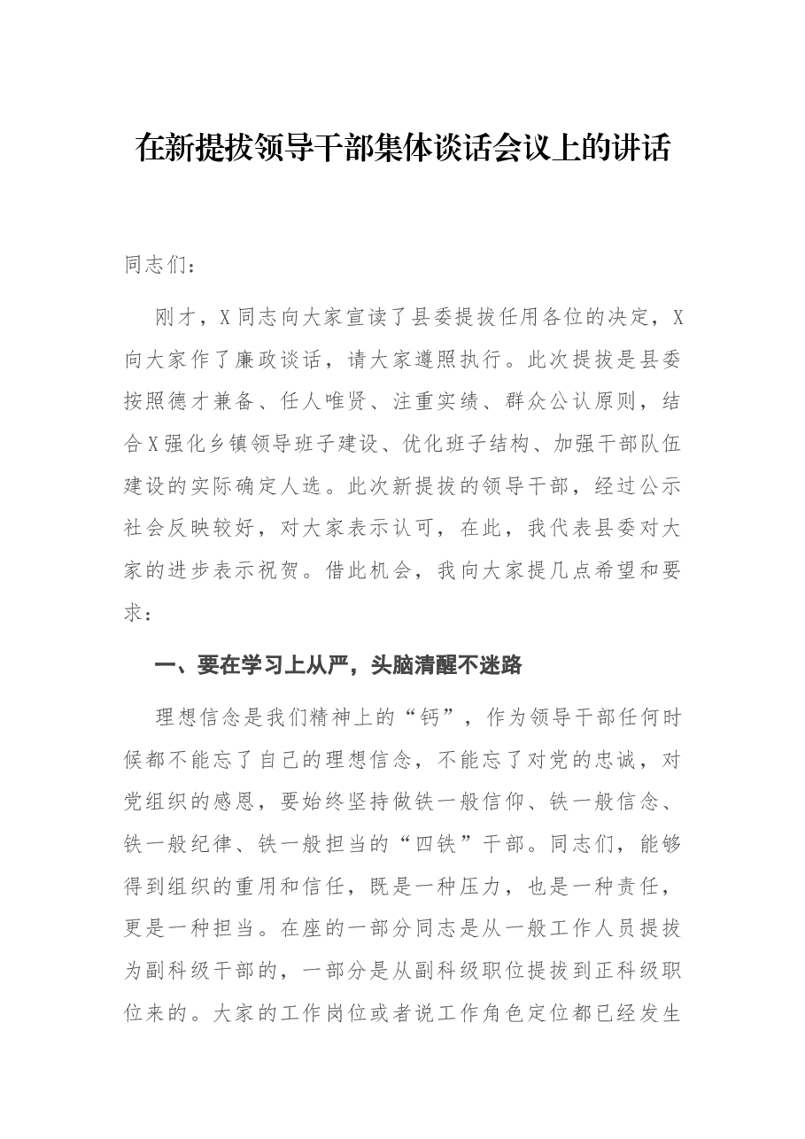 在新提拔领导干部集体谈话会议上的讲话.docx,第1页预览