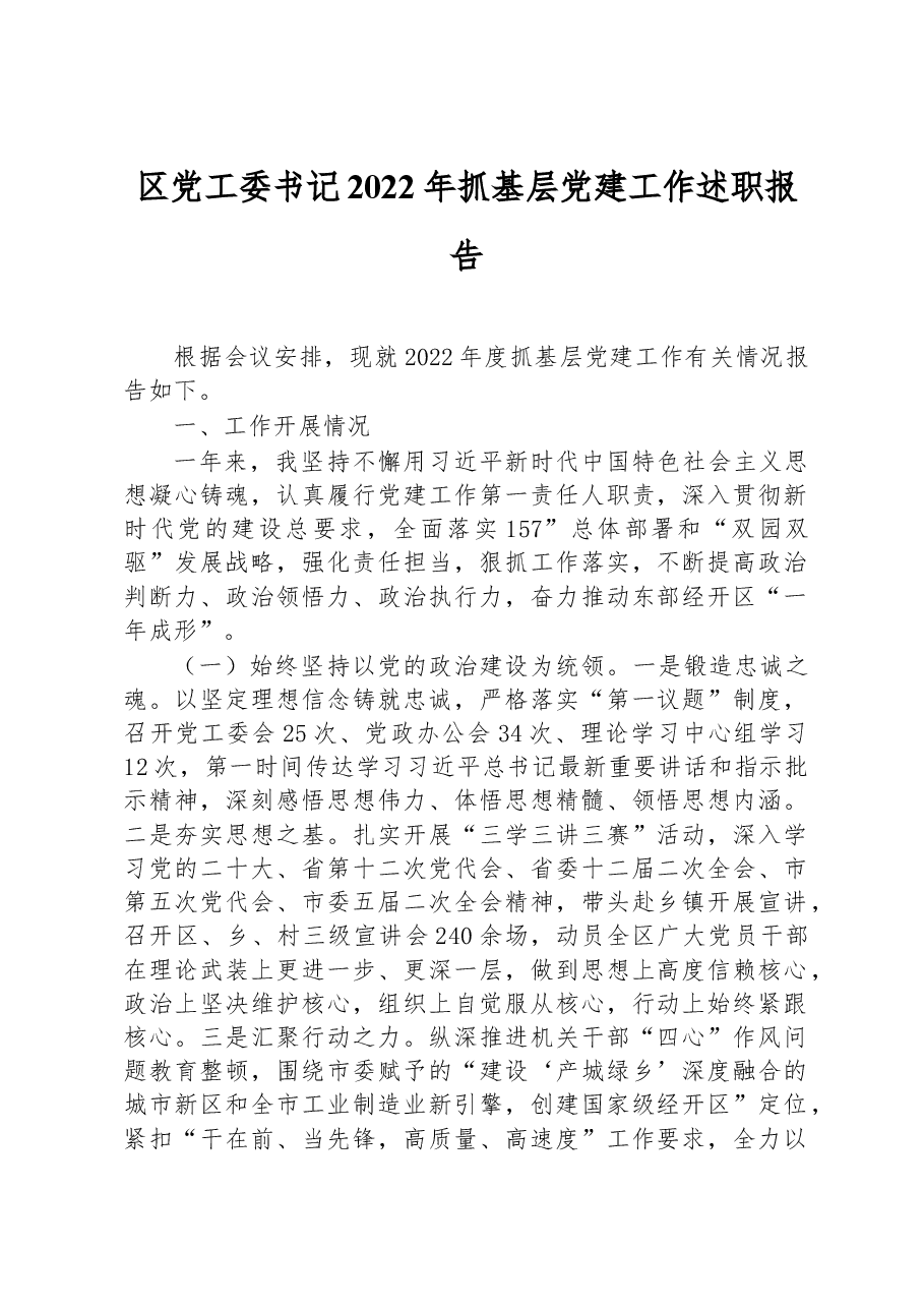 区党工委书记2022年抓基层党建工作述职报告.docx,第1页预览