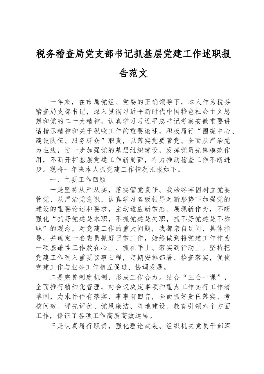 税务稽查局党支部书记抓基层党建工作述职报告范文.docx,第1页预览