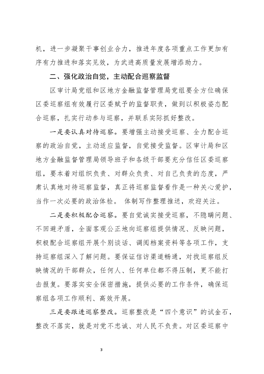 在区委第四巡察组巡察区审计局党组区地方金融监督管理党组工作动员会上的讲话.docx,第3页预览