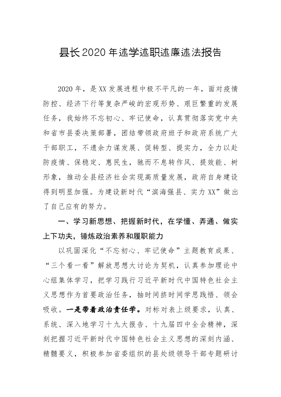 县长2020年述学述职述廉述法报告.docx,第1页预览
