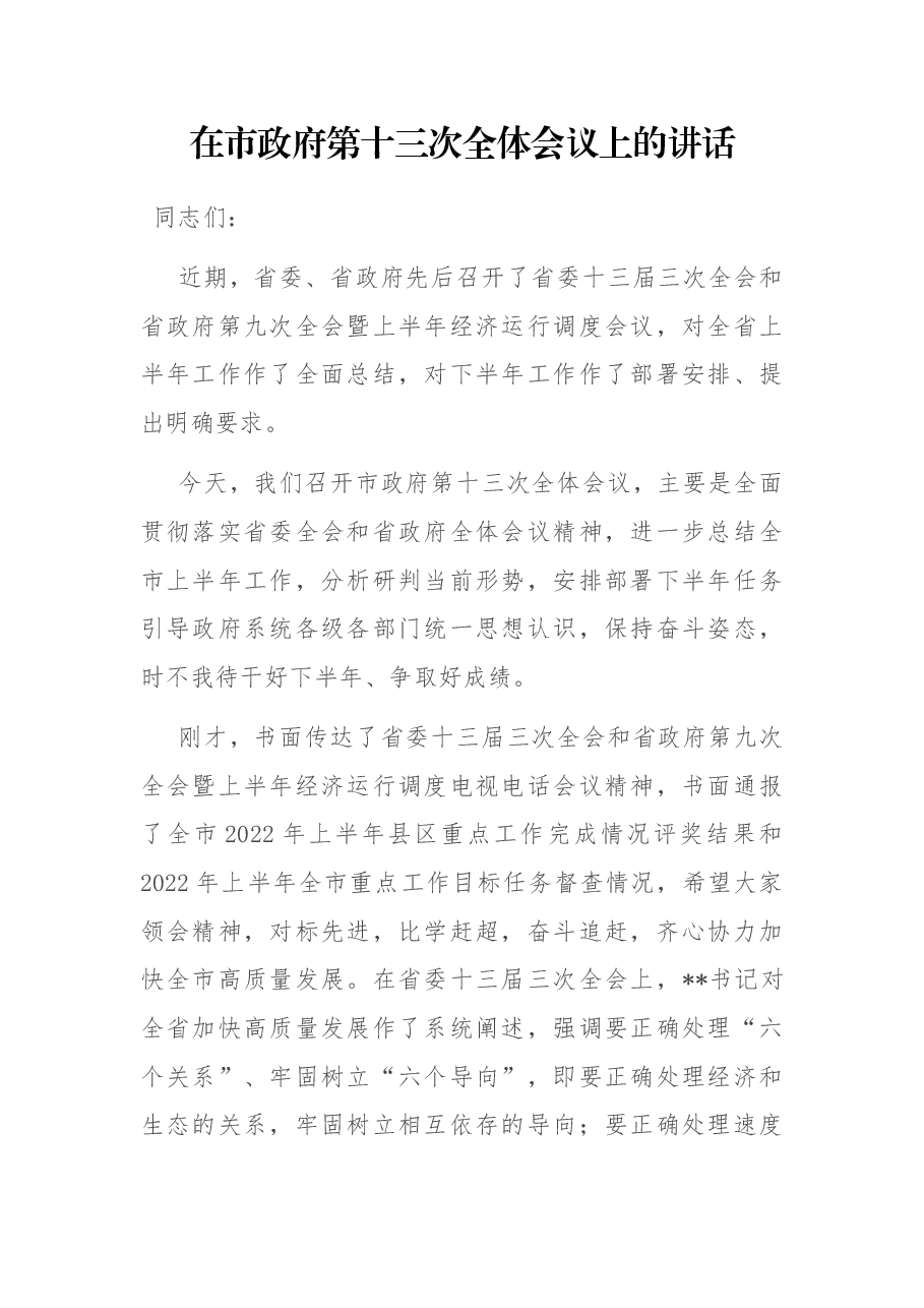 在市政府第十三次全体会议上的讲话.docx，第1页预览