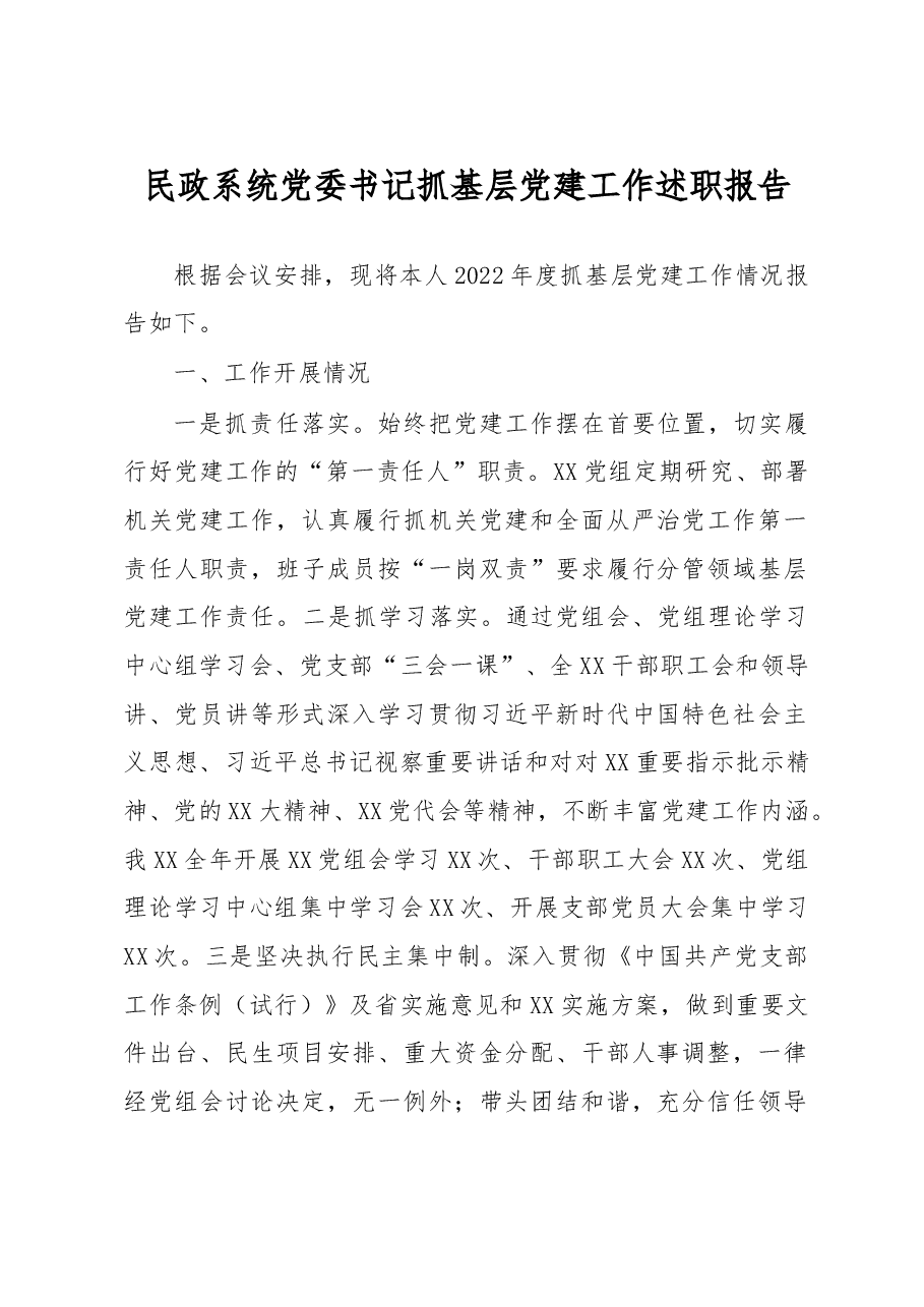 民政系统党委书记抓基层党建工作述职报告.docx,第1页预览