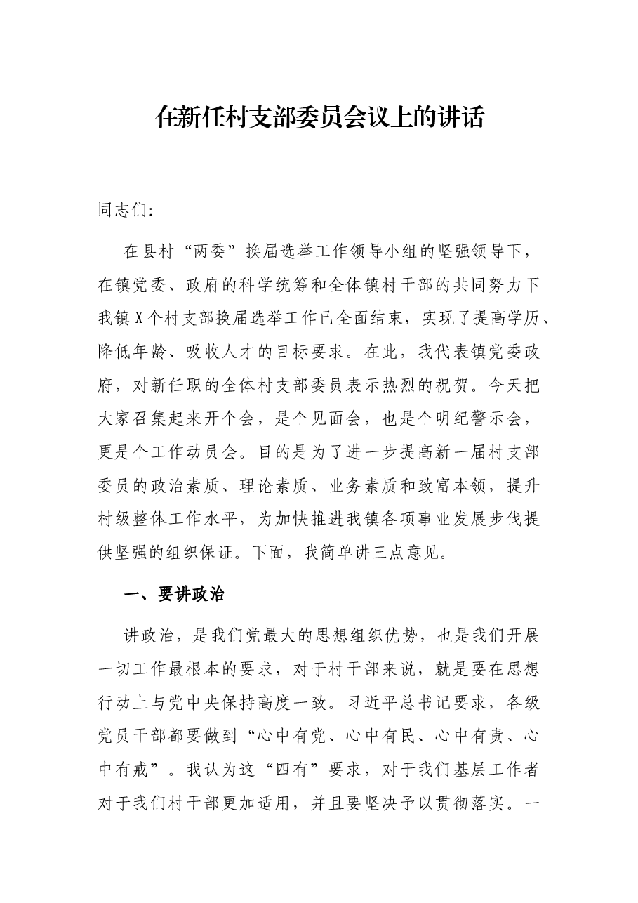 在新任村支部委员会议上的讲话.docx,第1页预览