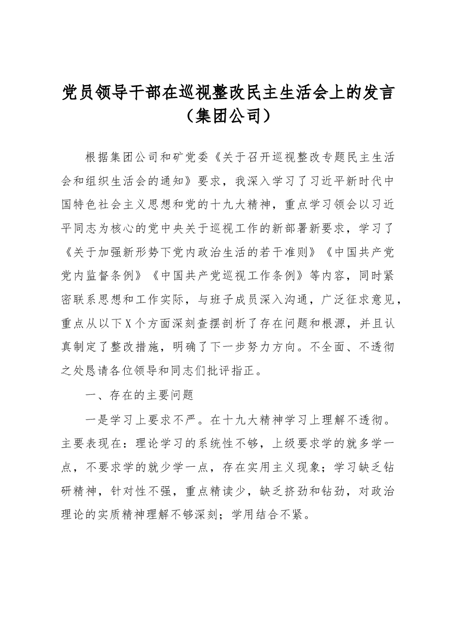 党员领导干部在巡视整改民主生活会上的发言.docx,第1页预览